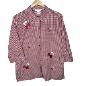 Allison Daley Red Gingham Cherry Button Up Top‎ Shirt Womens 12 Twee 3/4 Sleeve